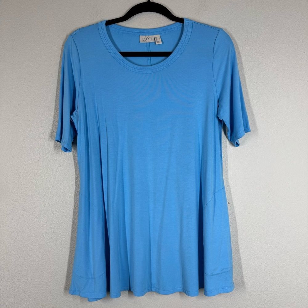 Logo by Lori Goldstein Long Sleeve Tunic Top Blouse Blue Jersey Stretch Medium